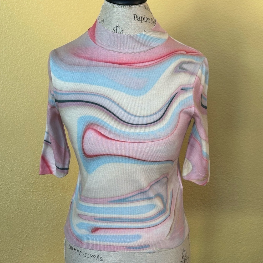 Anthropologie Short Sleeve Sweater Knit Top With Pastel Design Size XS EUC! - Picture 7 of 13